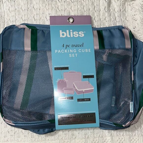 blissโBlue Green Blush Pink Mesh Stripe 4pc Travel Packing Cube Set - Picture 1 of 12
